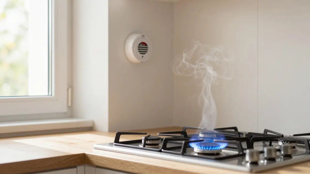 Natürliche Gasflamme in einer deutschen Küche mit CO-Melder und geöffnetem Fenster für Luftzirkulation.