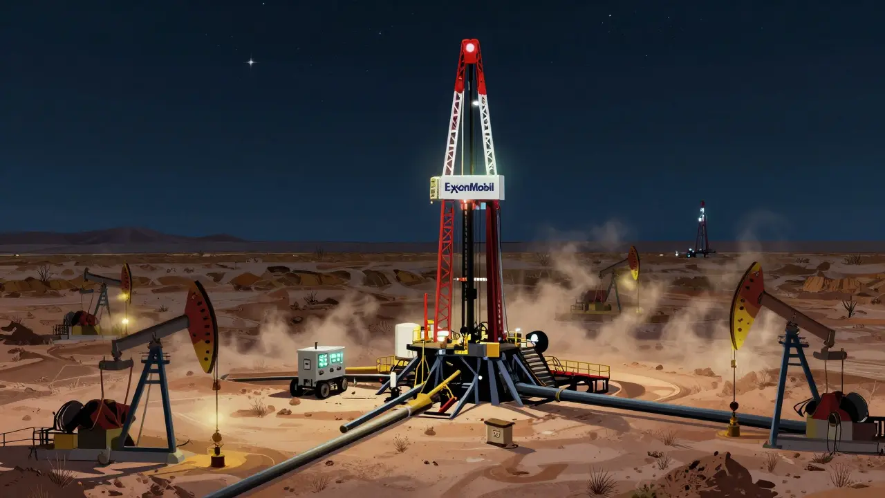 Ölbohranlagen im Permian-Becken, Texas, bei Nacht mit beleuchteten Anlagen und Pipelines