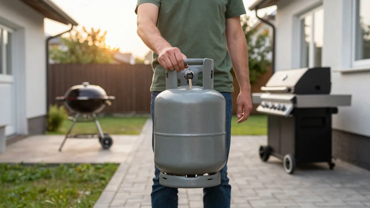 Person hält LPG-Flasche und Haustürschlüssel, steht zwischen portabler und fest installierter Grillvariante bei Sonnenaufgang.