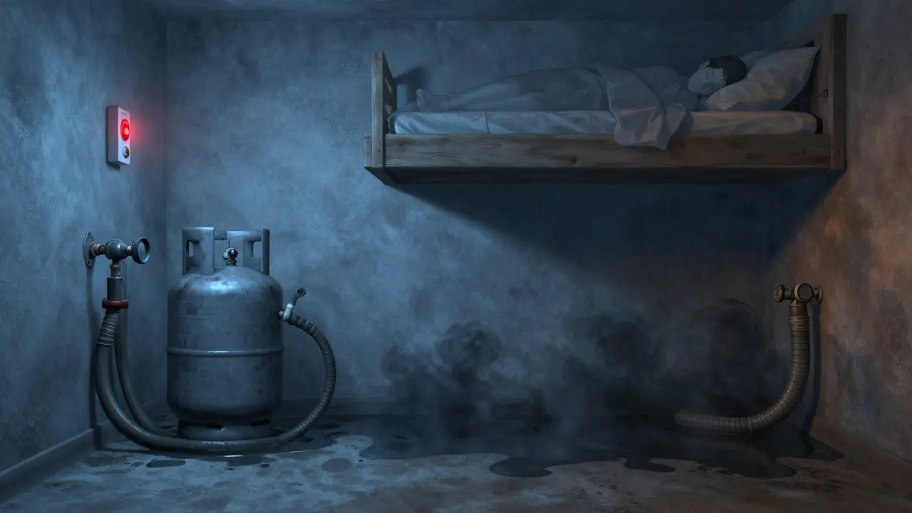 Propan-Gas sammelt sich im Keller, während ein Warnmelder rot leuchtet und jemand oben schläft.