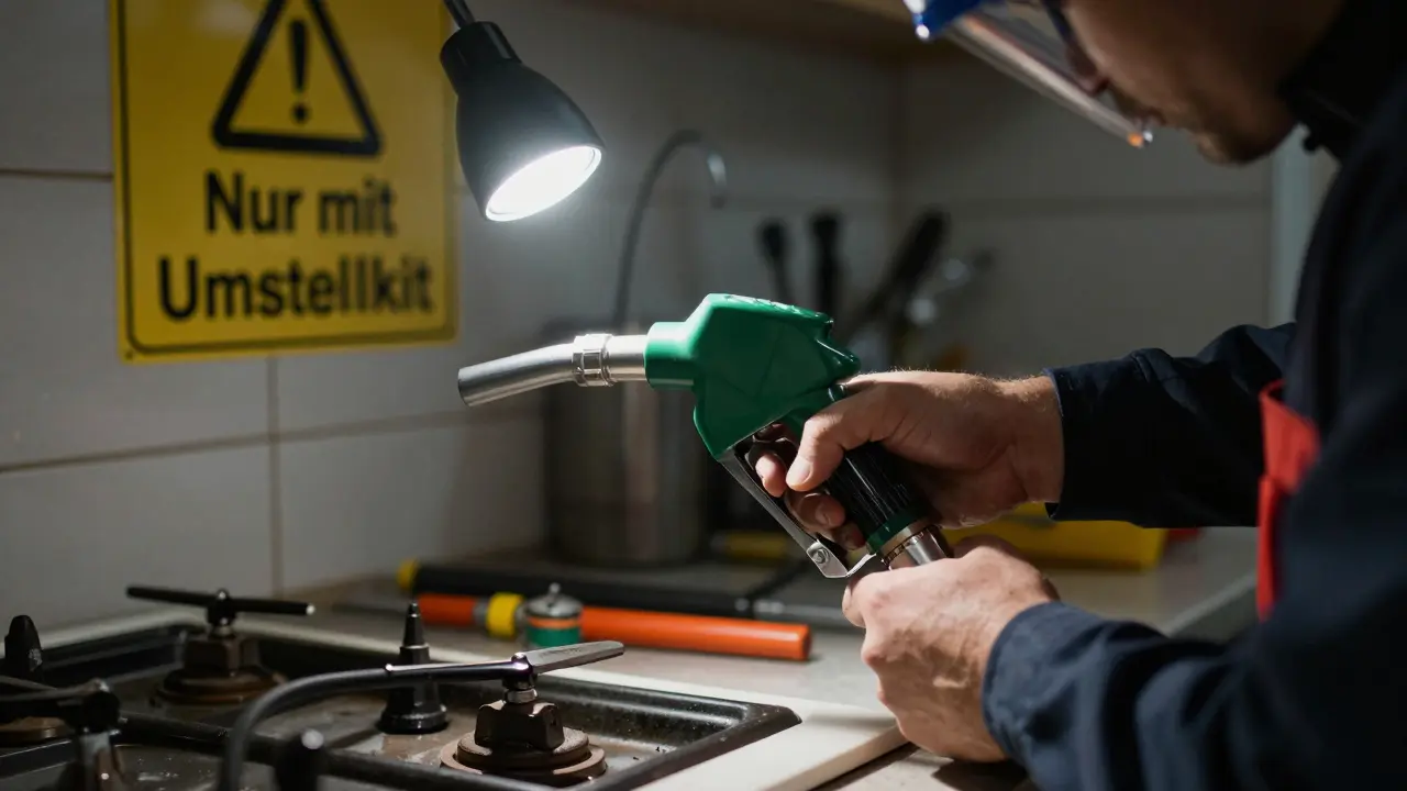 Techniker installiert eine LPG-Düse an einem Kochfeld mit Warnschild.