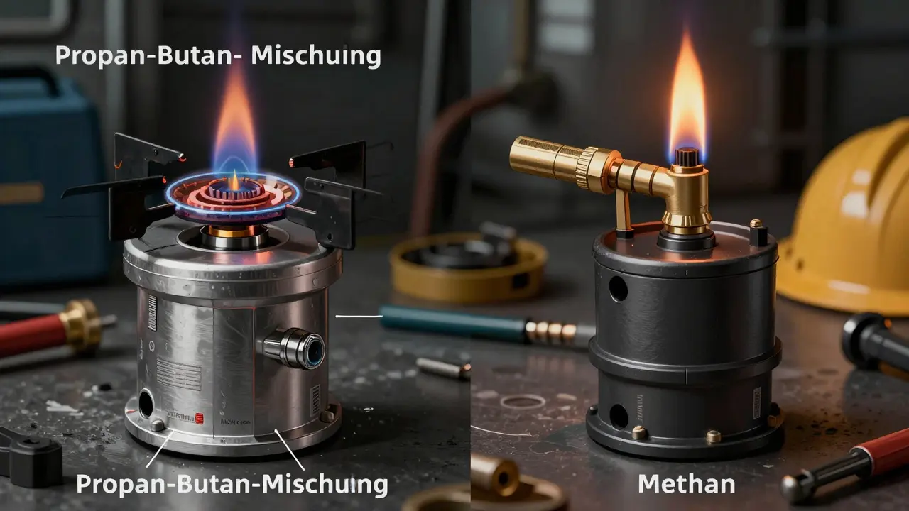 Technische Abbildung: Vergleich von Erdgas- und LPG-Brenner mit unterschiedlichen Düsen und Druckreglern.