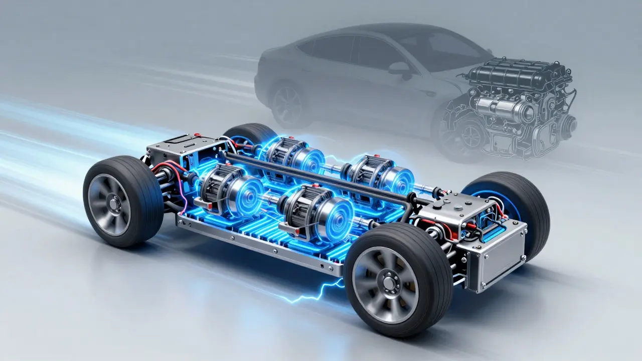 Technische Darstellung der Elektromotoren und Batteriekühlung eines Elektroautos bei maximaler Beschleunigung.