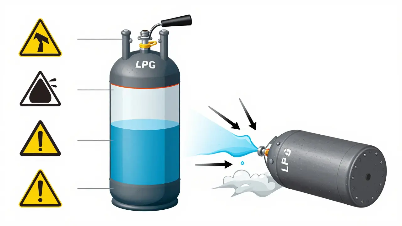 Technische Zeichnung: Aufrechte vs. liegende LPG-Flasche mit Gasflussrichtungen.