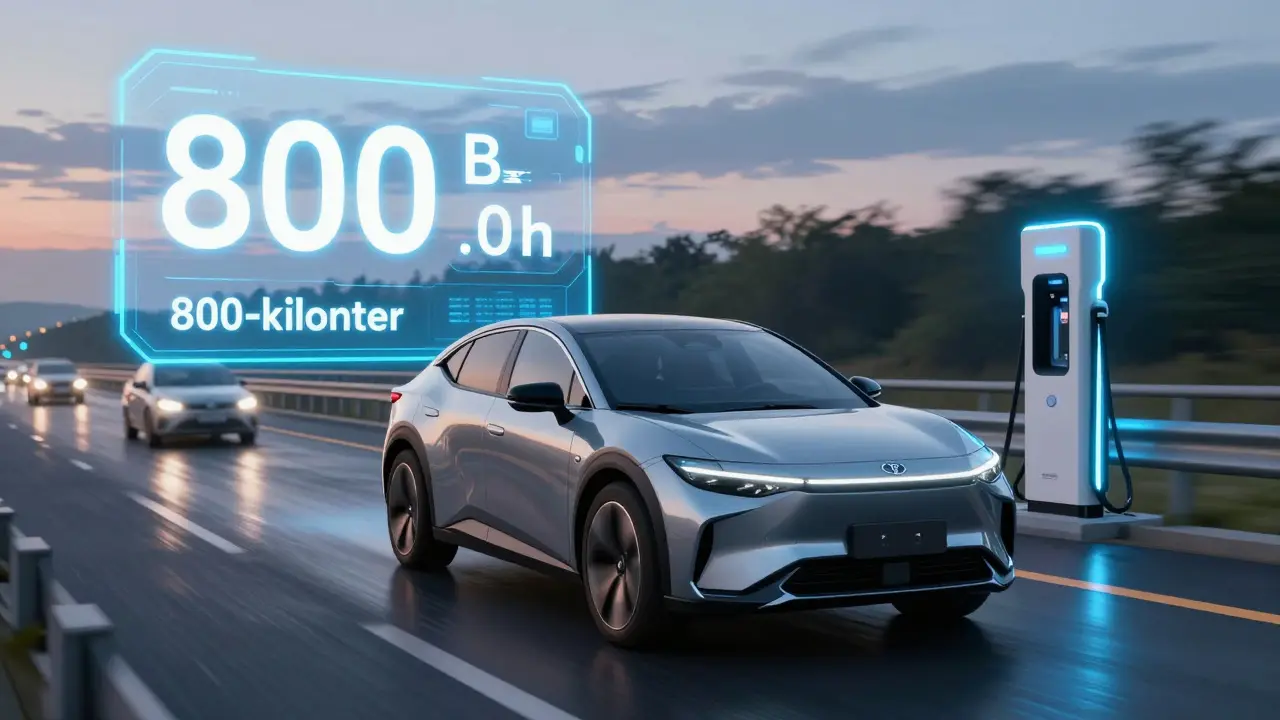 Toyota bZ5X auf der Autobahn mit Ladestation und Reichweiten-Anzeige.