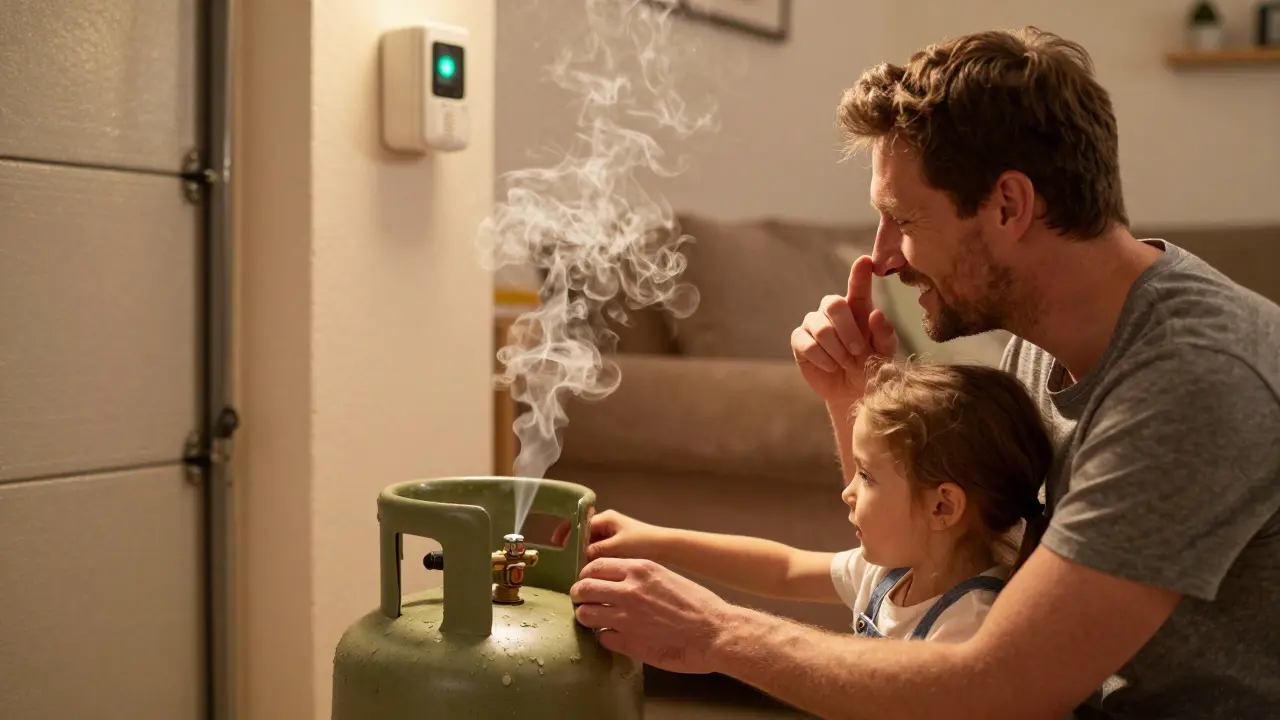 Vater und Tochter lernen gemeinsam, den Geruch von LPG zu erkennen, in einer gut belüfteten Garage.