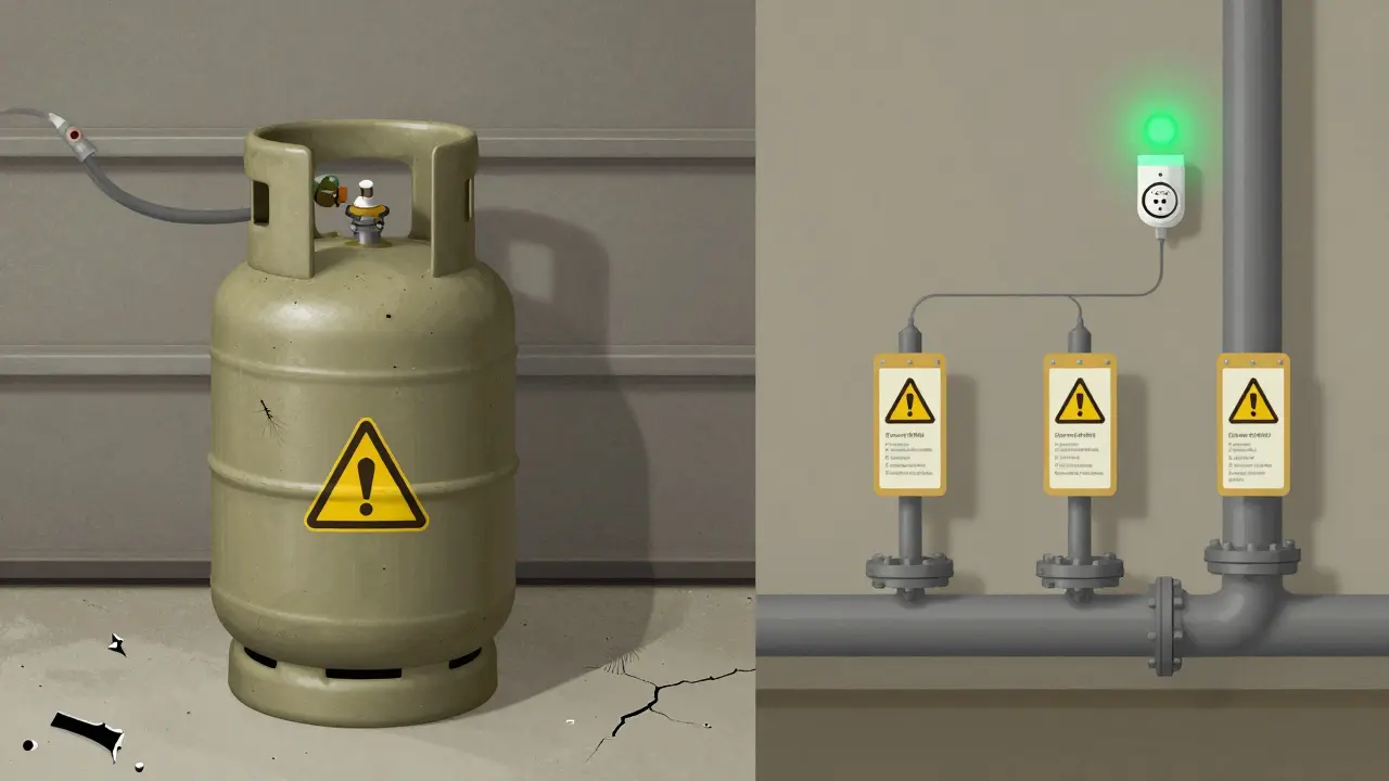 Vergleich: defekter Propanzylinder in der Garage vs. sichere Erdgasleitung mit Wartungskennzeichen.