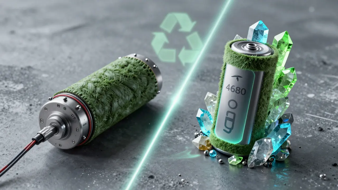 Vergleich von alten und neuen Tesla-Batteriezellen mit recyceltem Lithium und kaktusbasiertem Leder.