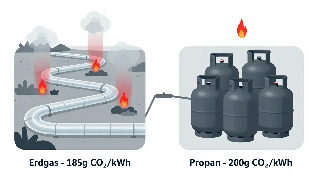 Vergleich von Erdgas-Pipeline mit Methanlecks und Propan-Flaschen ohne Leckagen.