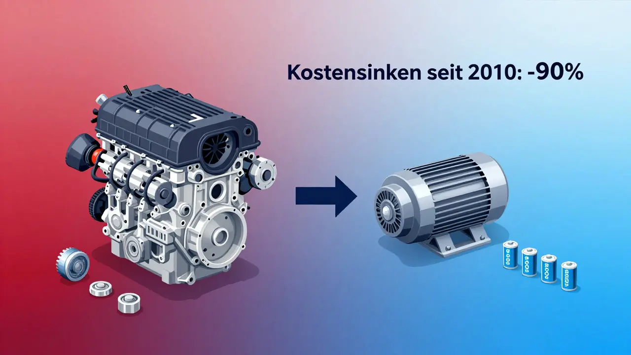 Vergleich zwischen komplexem Verbrennungsmotor und einfachem Elektromotor mit sinkenden Kosten.
