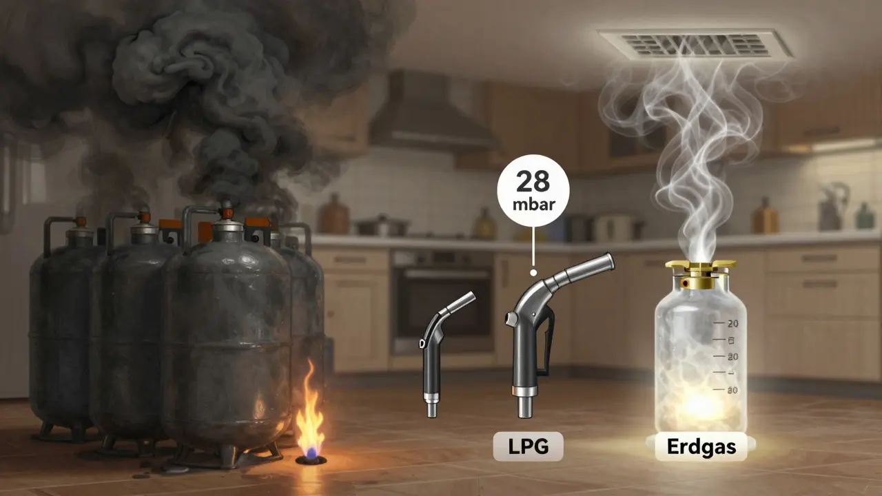 Visuelle Darstellung: LPG-Gas sinkt zum Boden, Erdgas steigt nach oben, mit unterschiedlichen Düsen und Druckangaben.
