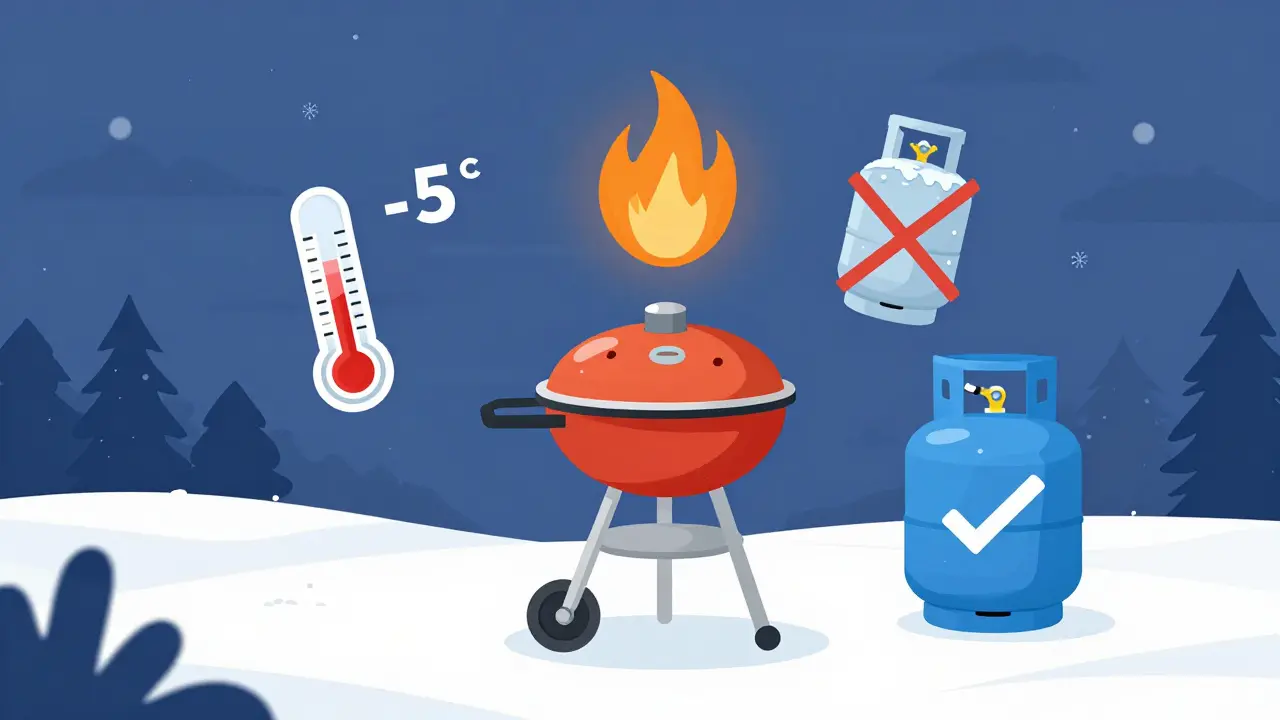 Winter-Szene mit Grill und Symbolen für Propan (Flamme) und Butan (gefrorene Flasche).
