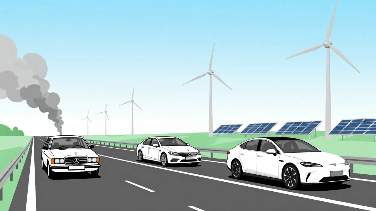 Zeitstrahl auf Autobahn: Verbrenner verwandelt sich in Elektroauto unter erneuerbaren Energien.