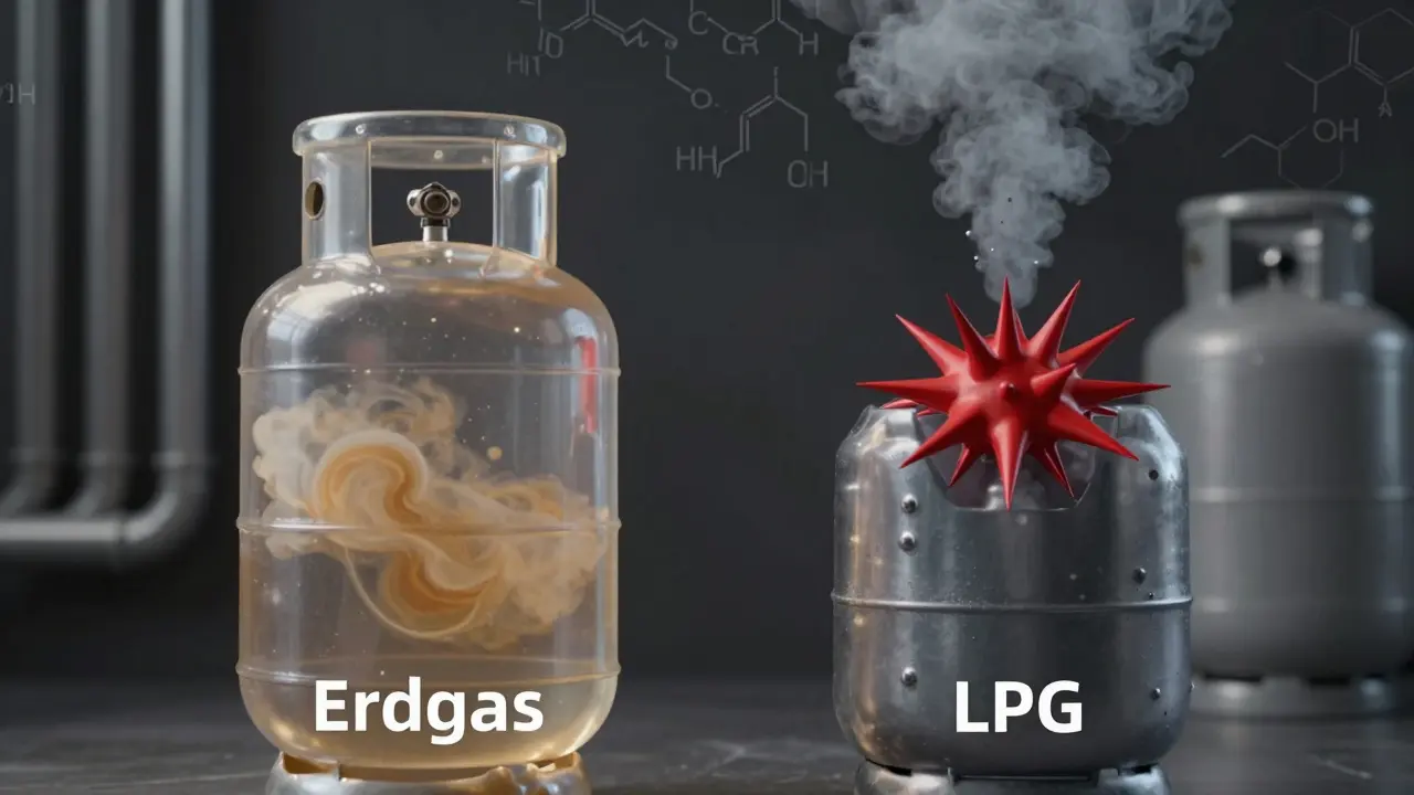 Zwei Gasarten verglichen: Erdgas mit weichem Geruch und LPG mit metallischem, dichtem Geruchswolken.