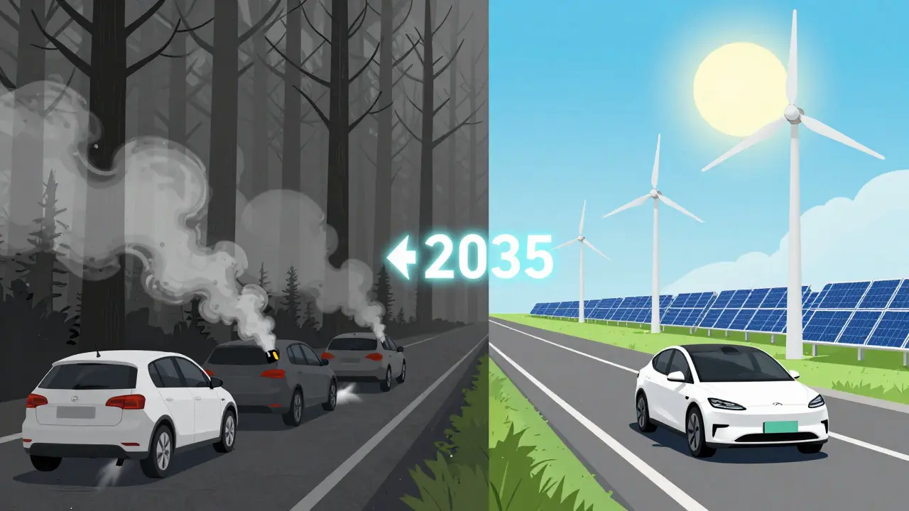 Zwei Welten: verschmutzte Stadt vs. grüne Energieautobahn, verbunden durch einen Pfeil mit '2035'.