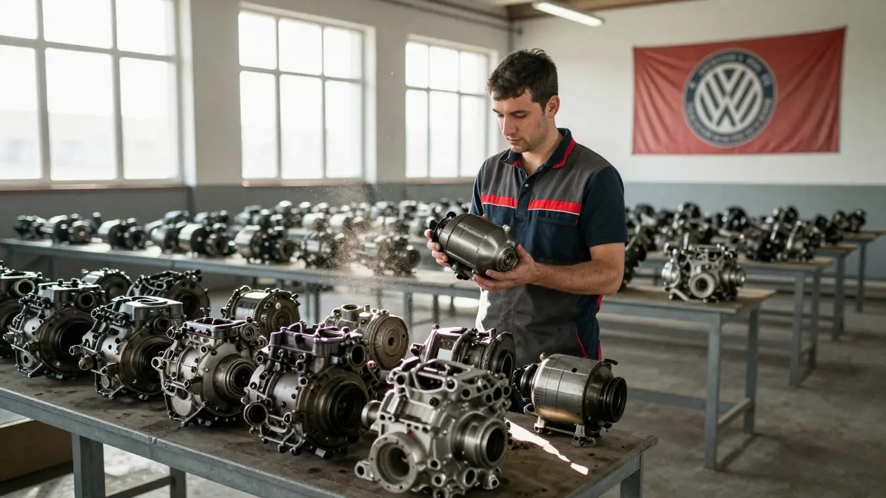 Arbeiter hält Elektromotor neben Stapel verbrennungsmotorischer Teile in leere Werkshalle.