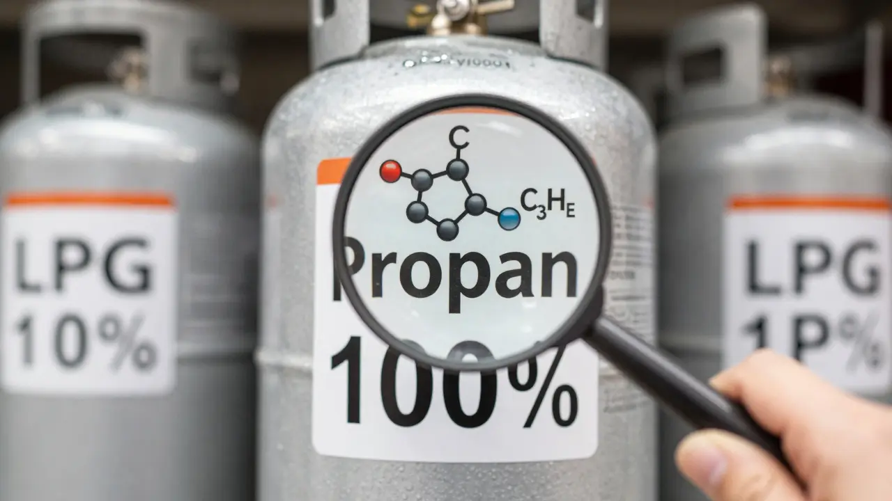 Detailaufnahme eines Gasflaschen-Etiketts mit 'Propan 100%' und einer Lupe, die die Moleküle zeigt.