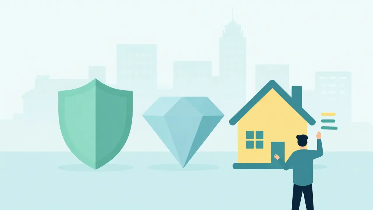 Drei abstrakte Versicherungssymbole auf deutscher Stadtlandschaft, pastellfarben