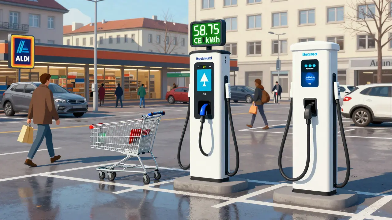 Drei verschiedene Lademöglichkeiten für Elektroautos in München: Schnelllader, Supermarkt-Lader und Arbeitsplatz-Lader.