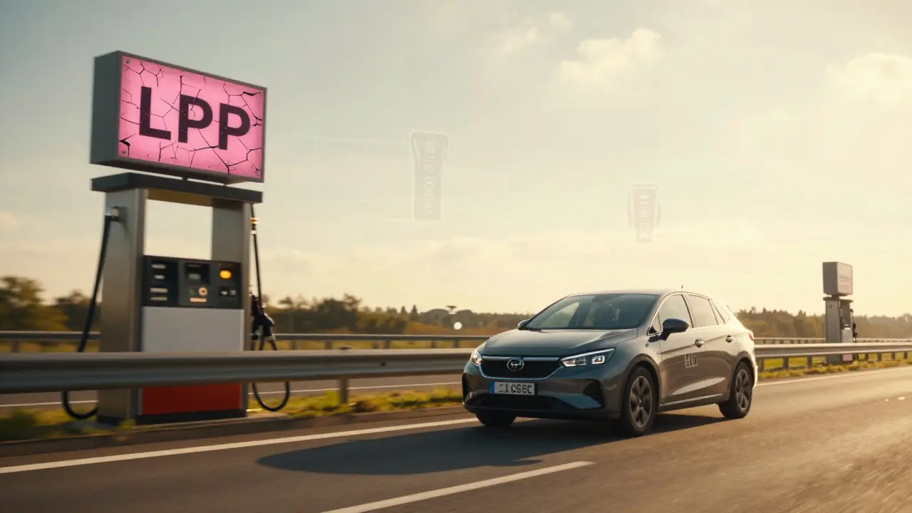 Ein CNG-Fahrzeug auf der Autobahn, während eine alte LPG-Tankstelle abgebaut wird, symbolisiert den Übergang zu zukunftssicheren Kraftstoffen.