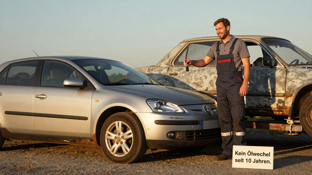 Ein Mechaniker übergibt Schlüssel an einen Kunden mit einem 15-jährigen Elektroauto mit 400.000 km Laufleistung.