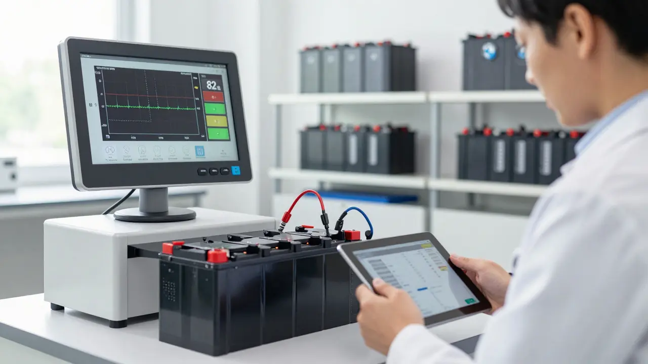 Ein rekonstruierter Elektroauto-Akku wird in einer Werkstatt auf seine Kapazität geprüft, mit digitalen Messwerten auf einem Tablet.