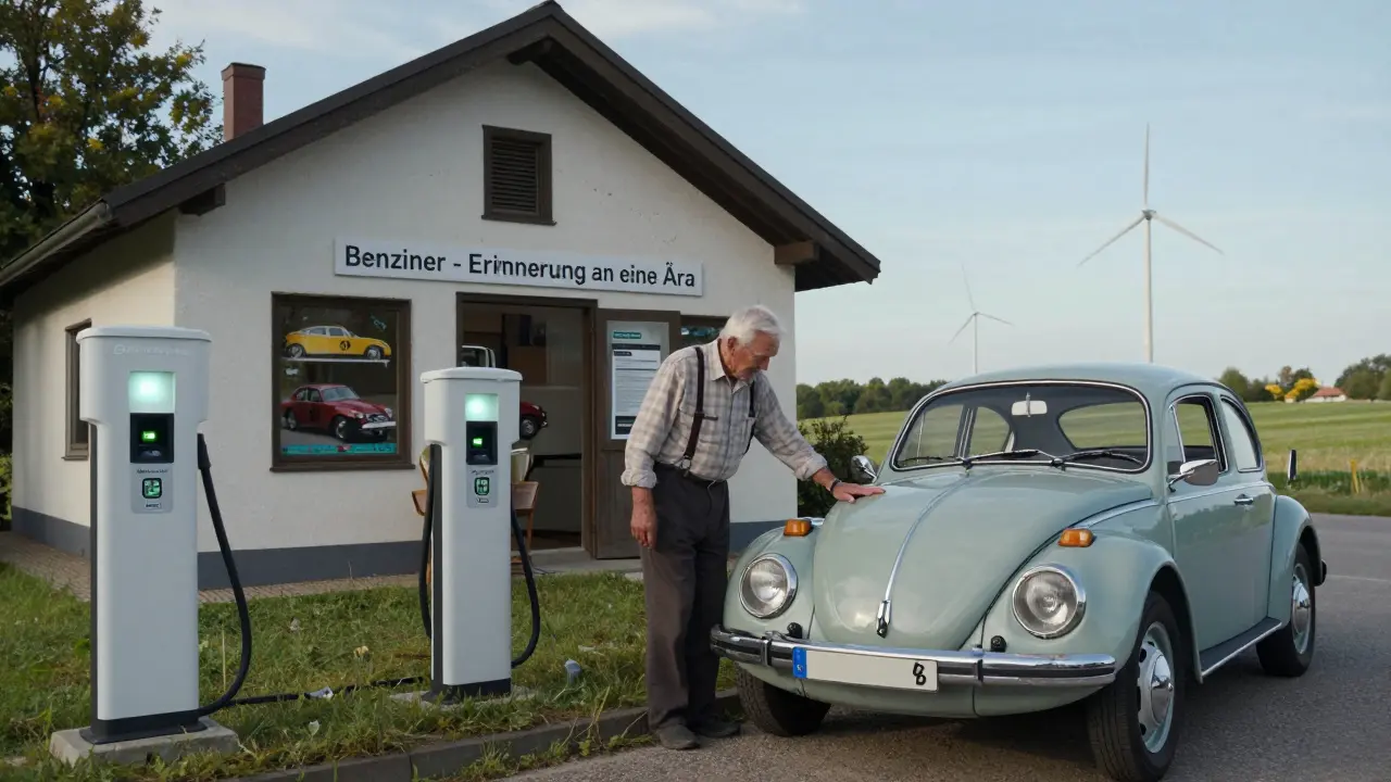 Elderly man beside his vintage car as a charging station stands nearby in a quiet German village.