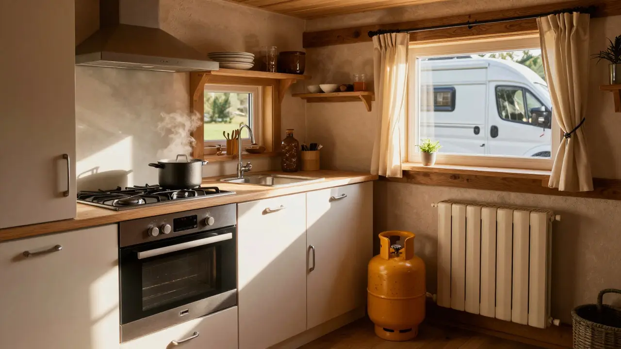 Gemütliche deutsche Küche mit LPG-Gasherd und Heizkörper, Flasche unsichtbar unter der Arbeitsplatte.
