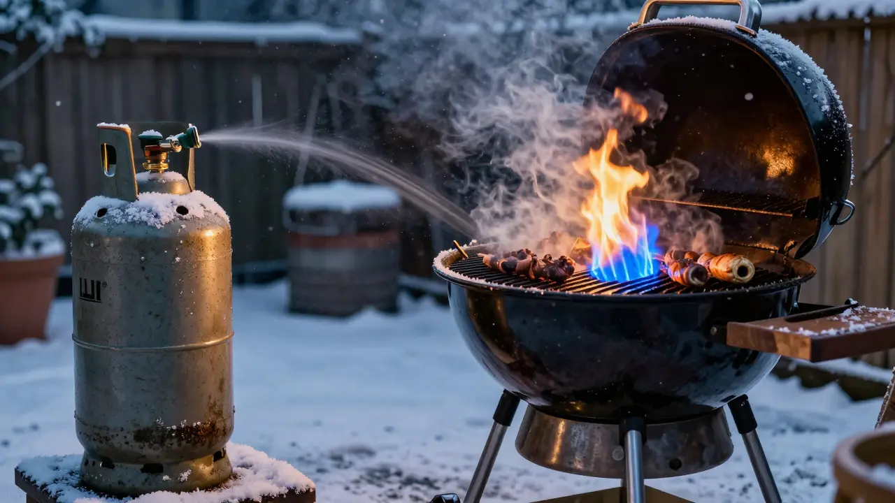 Grill im Winter mit reinem Propan auf der linken Seite, der funktioniert, während LPG auf der rechten Seite versagt.