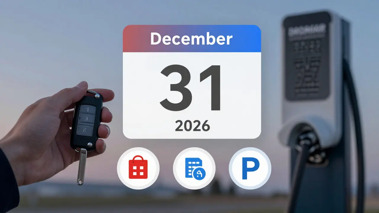 Hand hält Autoschlüssel vor einer Ladesäule, mit digitaler Countdown-Anzeige für Förderung bis Ende 2026.