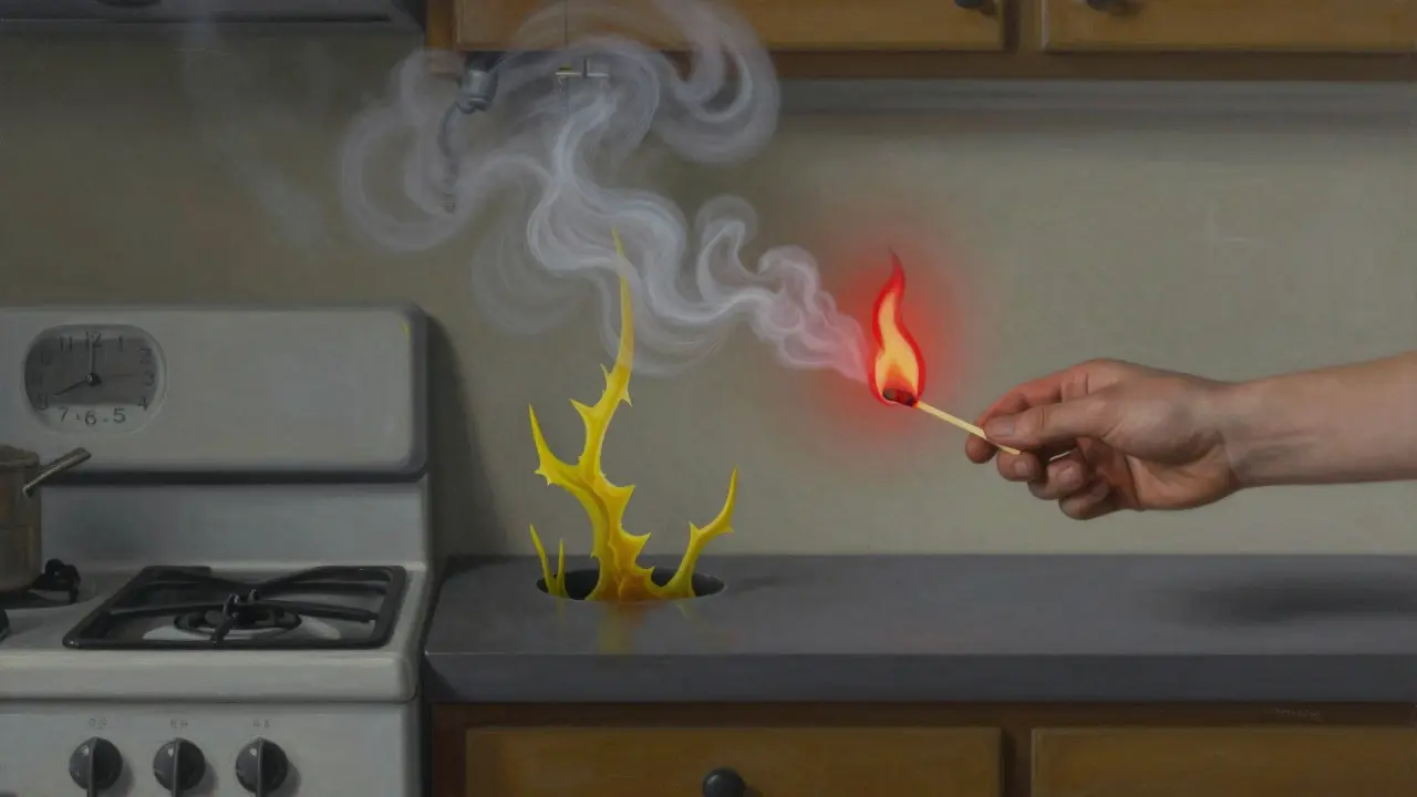 Hand mit Streichholz, Flamme ersetzt durch Warnsymbol einer Nase, schwirrende Geruchswellen umgeben die Küche.