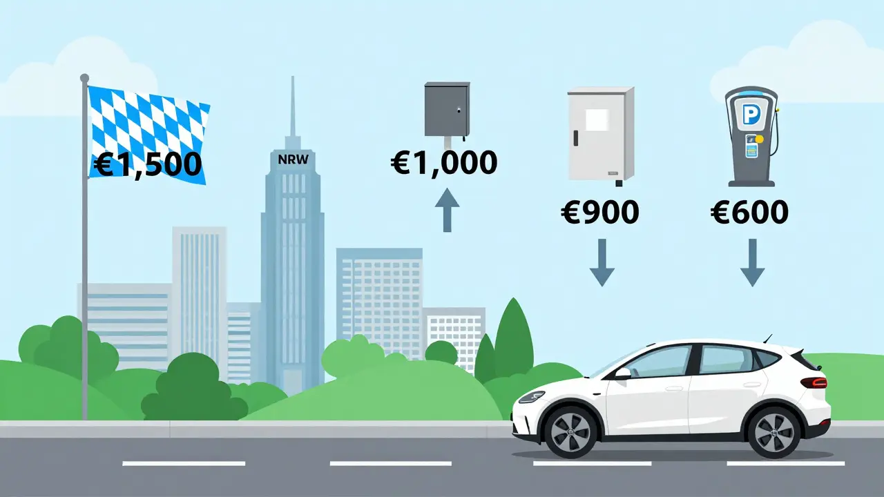 Illustration mit deutschen Regionen und Förderungen für Elektroautos: Wallbox, Parkvorteile und staatliche Zuschüsse als Symbole.
