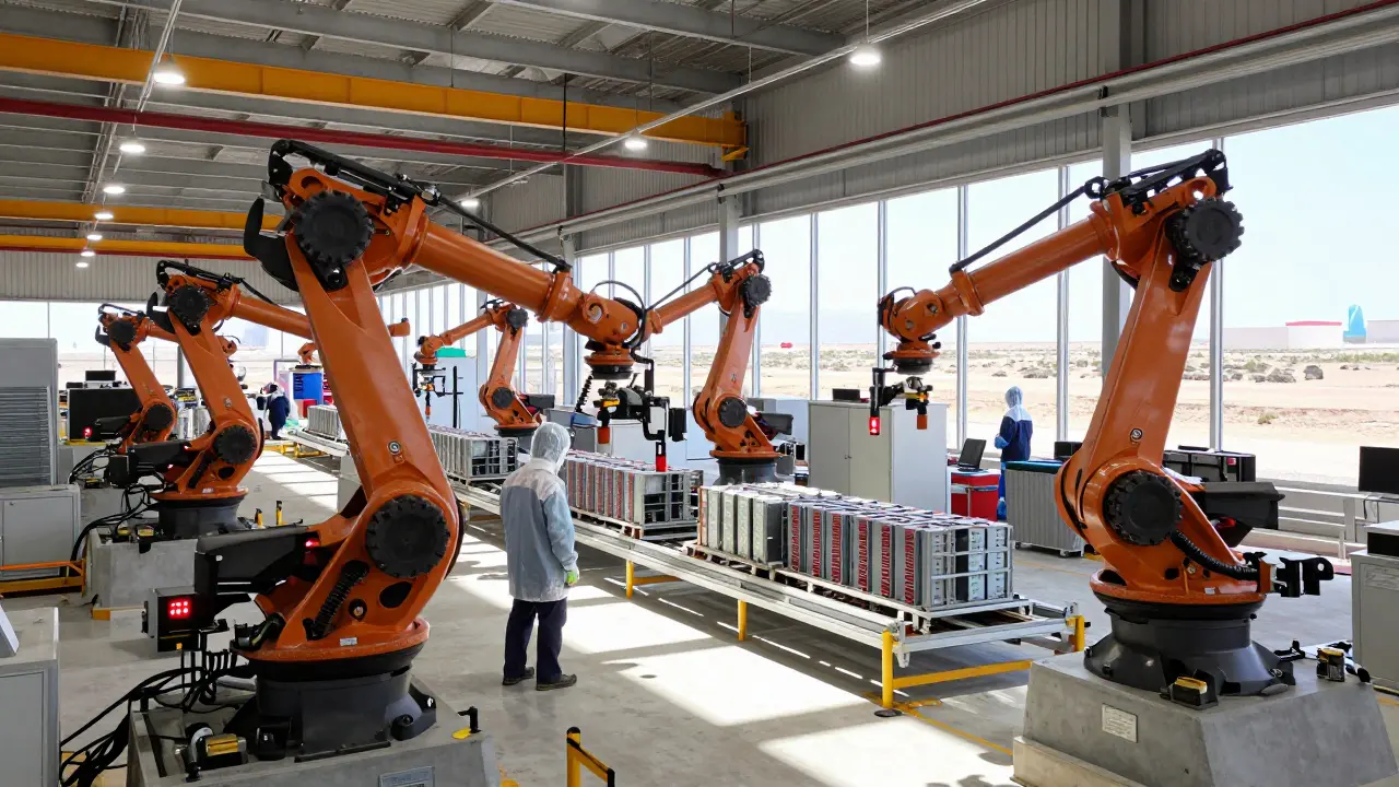 Innenaufnahme der Gigafactory in Mexiko mit Robotern, die Elektrofahrzeuge automatisch montieren.