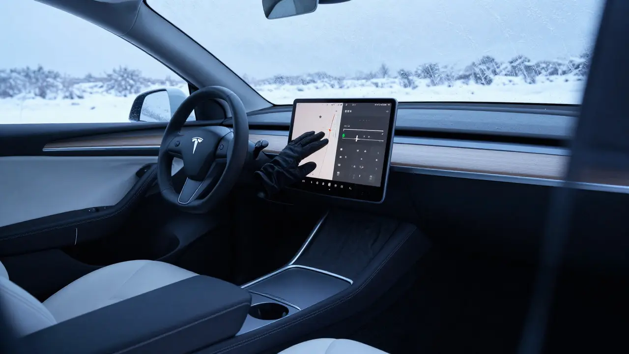 Innenaufnahme eines Teslas im Winter, Fahrer mit Handschuhen versucht, die Heizung über den Bildschirm einzustellen.