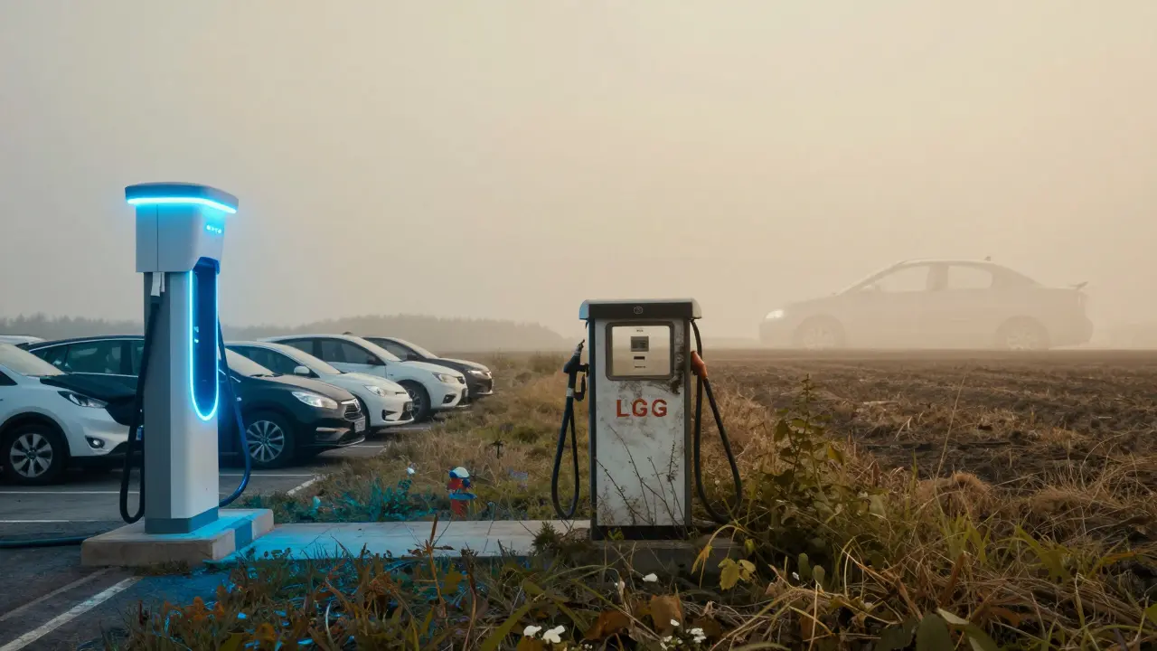 Kontrast: moderne E-Ladestation und verfallene LPG-Pumpe in einer abgelegenen Landschaft.