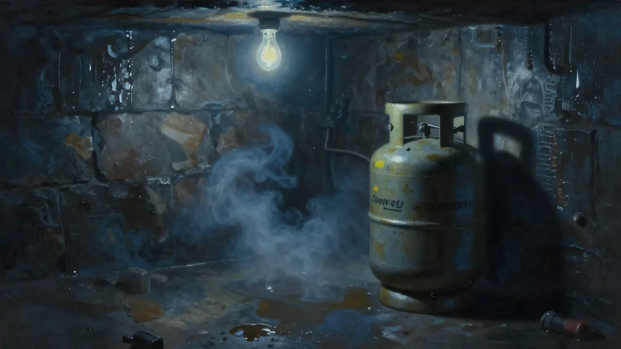 LPG strömt in einem Kellerboden zusammen, dunkle Schatten, feuchte Wände, kühle Beleuchtung.