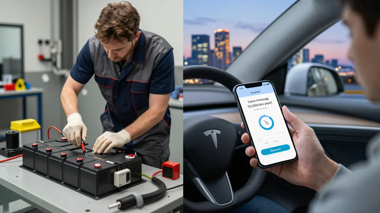 Mechaniker repariert Akku in Spezialwerkstatt, Fahrer überwacht Kilometerstand mit Smartphone
