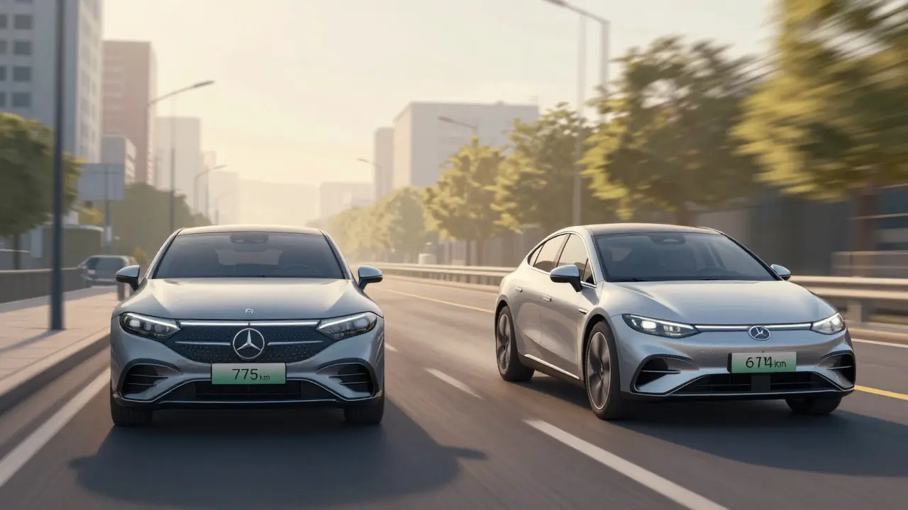 Mercedes EQS und Hyundai Ioniq 6 nebeneinander auf Straßen mit Reichweitenangaben von 775 km und 614 km.