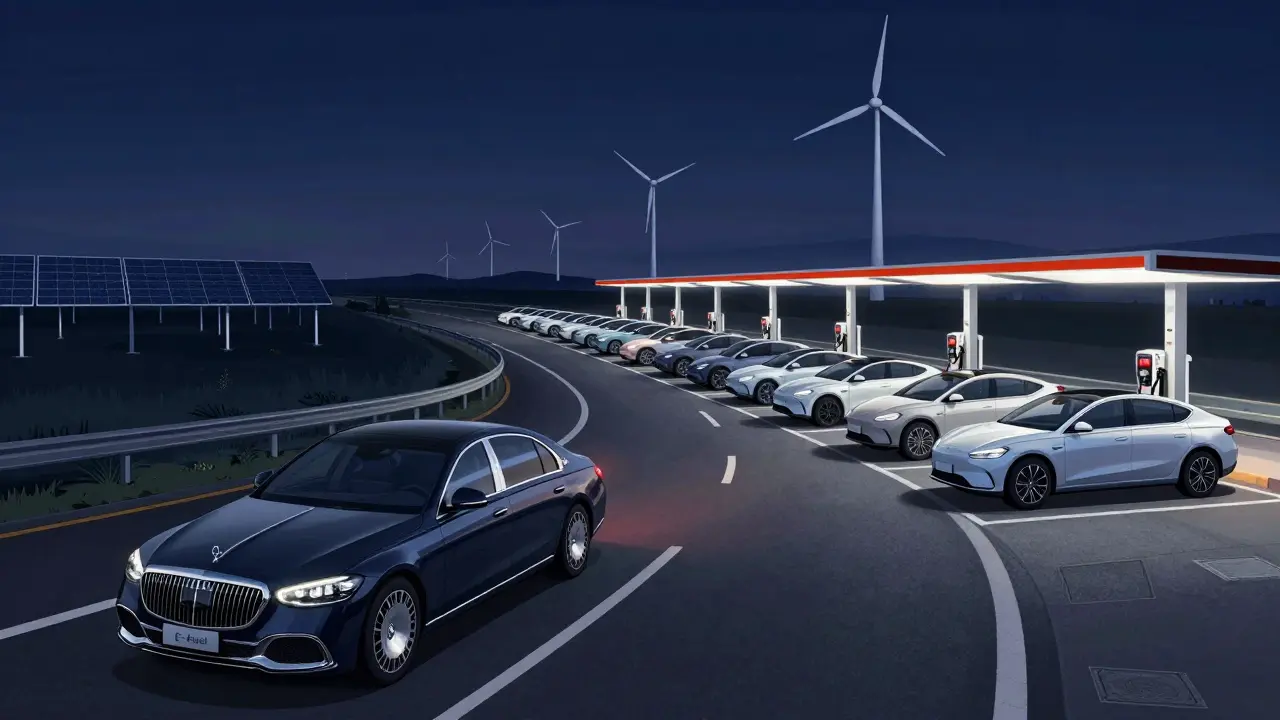 Modernes Elektroauto wartet an einer defekten Ladesäule, während ein Benziner an der Autobahn vorbeifährt, mit Windrädern im Hintergrund.