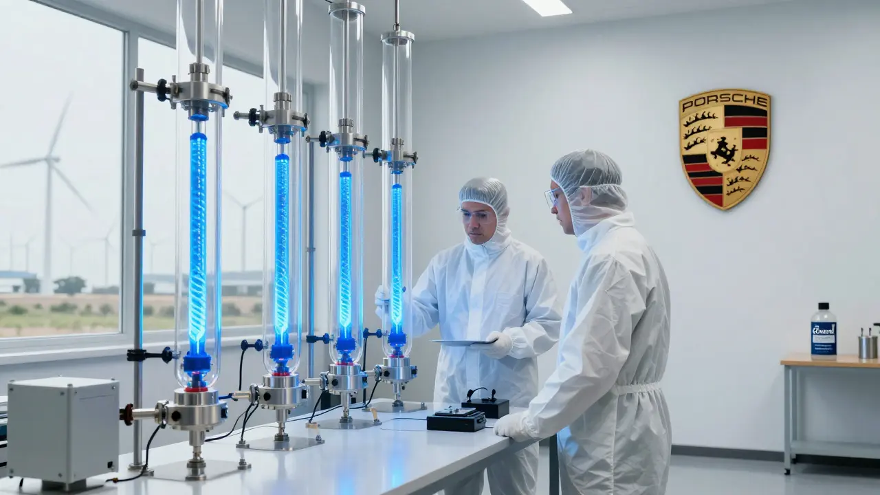 Produktion von synthetischem Kraftstoff in einer Werkstatt in Chile mit erneuerbarer Energie.