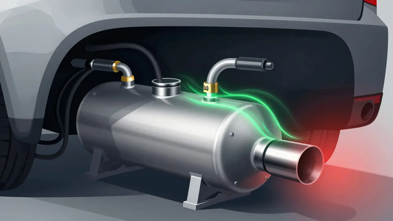 Querschnitt eines LPG-Tanks im Fahrzeug mit sauberen Emissionen im Vergleich zu schmutzigem Abgas.