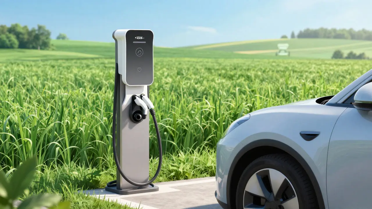 Schnelles Laden auf moderner Ladestation in ländlicher Gegend 2026