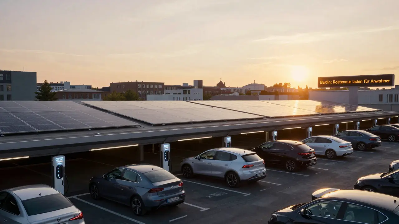 Städtische Parkhaus-Ladestation mit kostenlosem Laden für Anwohner, morgendliche Sonne im Hintergrund.