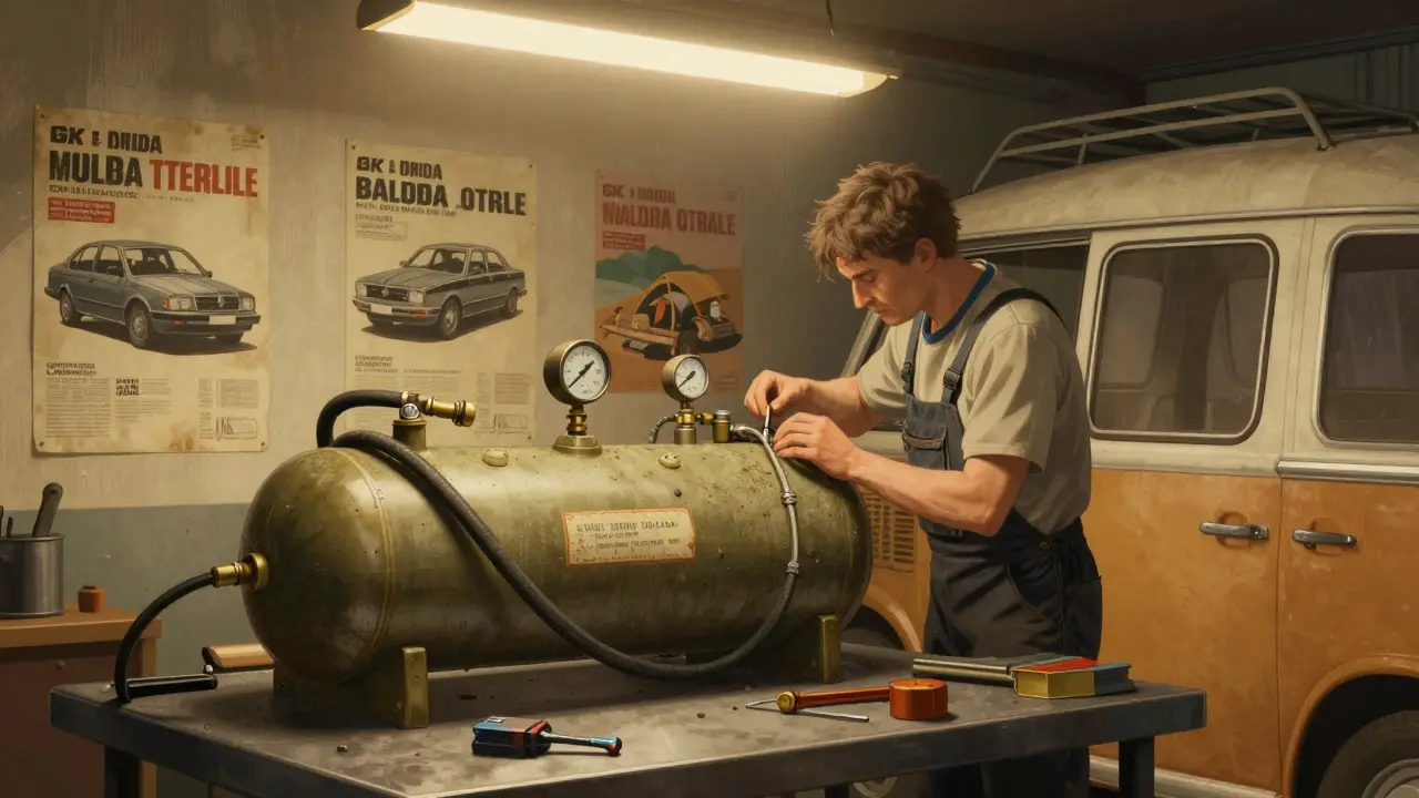 Techniker prüft eine alte LPG-Anlage in einem VW Caddy in einer Werkstatt mit verblassten Plakaten.