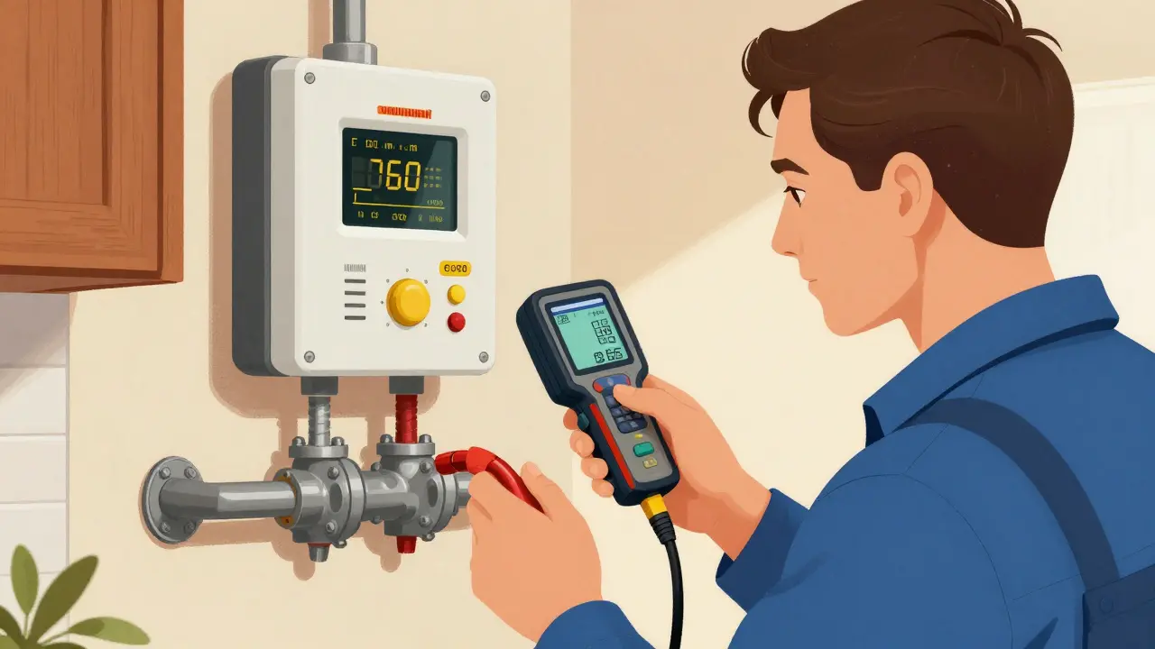 Techniker prüft Erdgasanlage mit Warnsystem in Küche