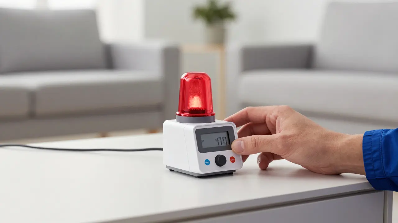 Techniker prüft Gaswarner mit roter Warnleuchte in Wohnzimmer, moderne Sicherheitsvorkehrungen.