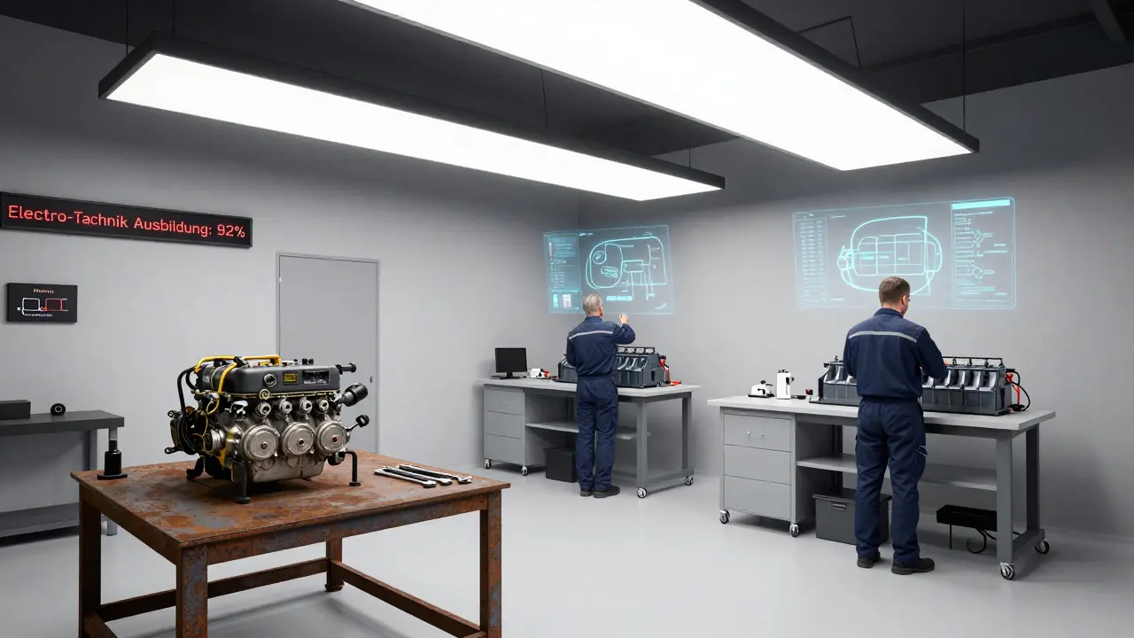 Techniker reparieren Elektroautos in einer modernen Werkstatt, während ein alter Benziner als Museumstück ruht.