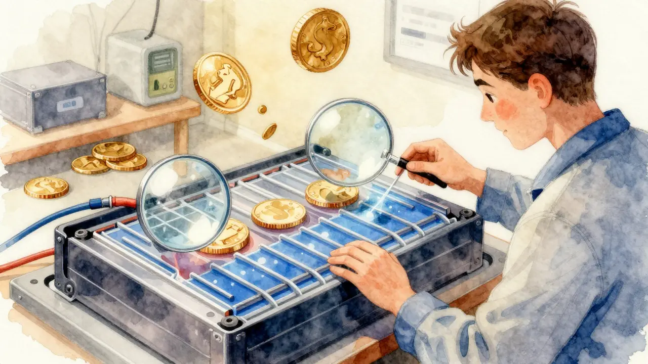 Techniker untersucht Elektroauto-Batterie mit abstrakten Münzen, warme Beleuchtung