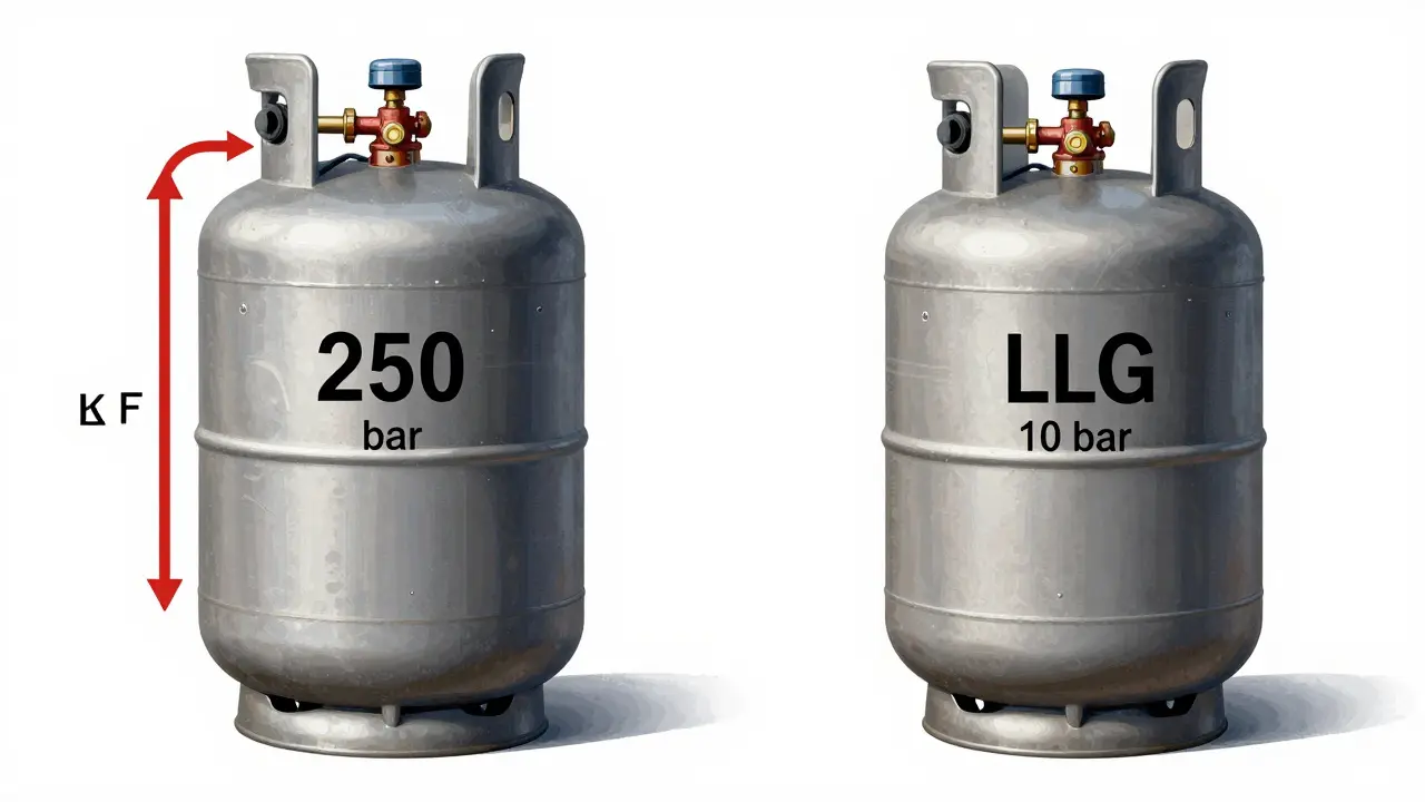 Technische Darstellung der Unterschiede zwischen einem Hochdruck-CNG-Tank und einem Niederdruck-LPG-Tank im Fahrzeug.