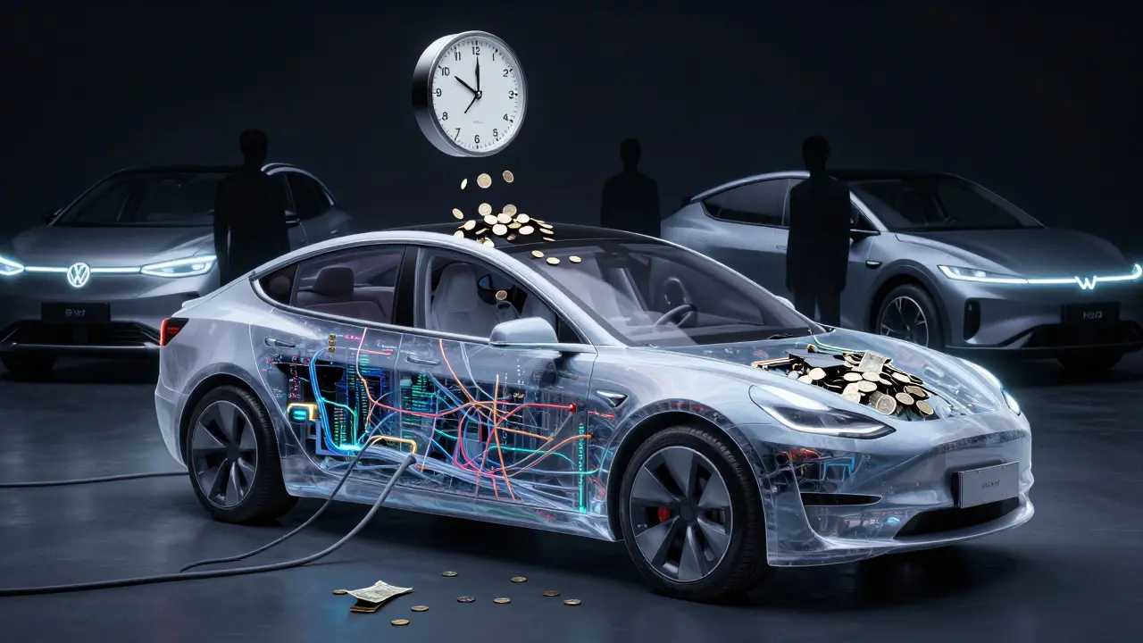 Transparenter Tesla mit eingebauter Software, Ladekabeln und defekten Teilen, symbolisiert die verborgenen Kosten des Besitzes.